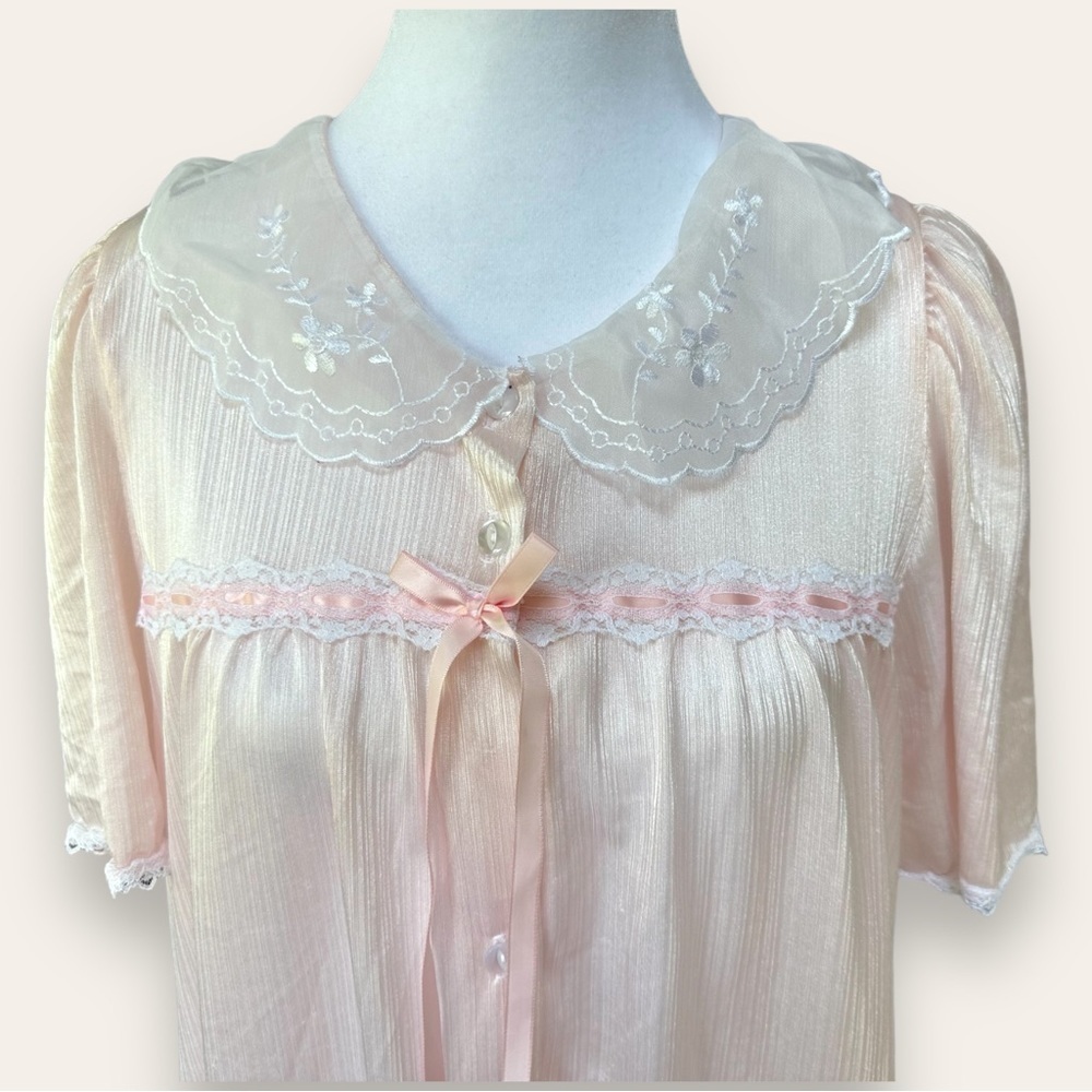 Vintage 1980’s dainty lace collar long night gown blush pink size XL 3/4 sleeve - Picture 6 of 9
